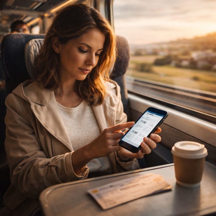 Reisende vergleicht BahnCard 25 und Sparpreis Tickets auf dem Smartphone im ICE Zug bei Sonnenuntergang