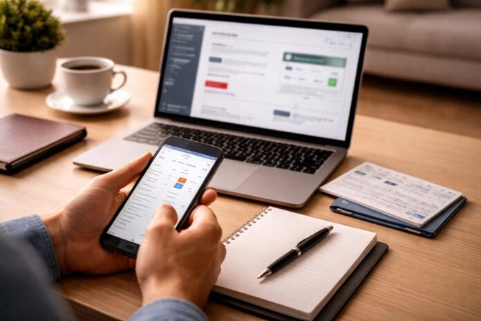 Reisender prüft BahnCard Probe Kündigungsfrist auf Smartphone und Laptop im Homeoffice