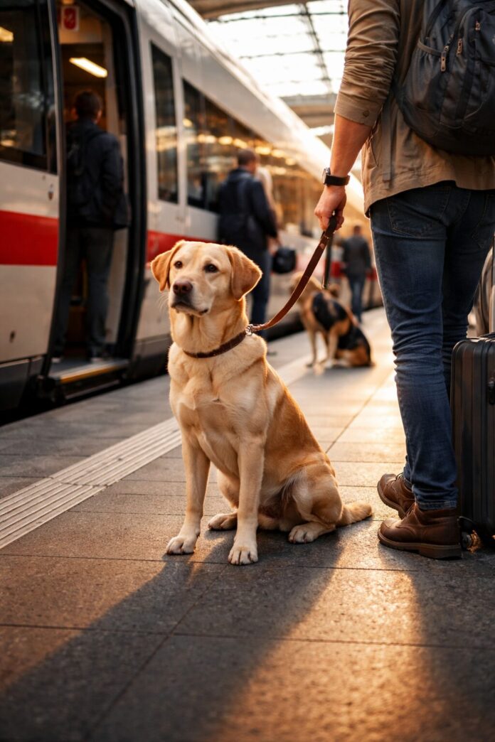 Reisender mit Hund beim Einsteigen in einen ICE-Zug in Deutschland – entspannte Bahnreise mit Haustier im Jahr 2026