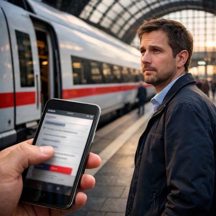 Reisender mit Smartphone am ICE-Bahnsteig prüft kurzfristige Stornierung eines Bahntickets in Deutschland