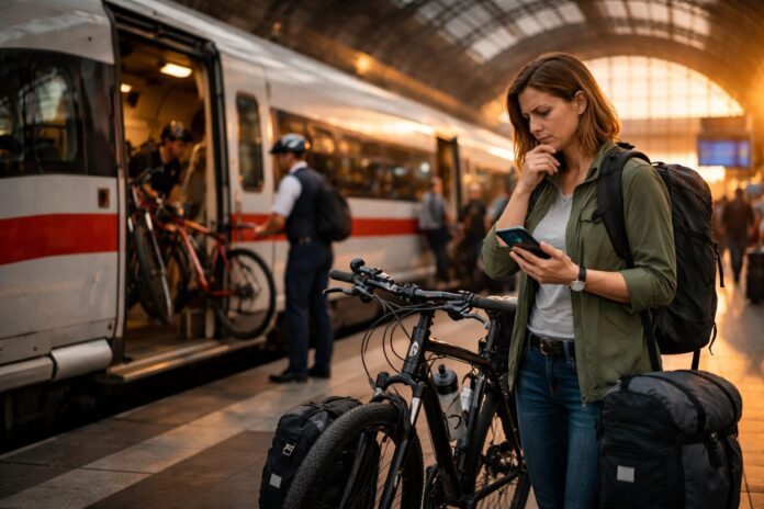 Reisende mit Fahrrad am ICE-Bahnhof prüft Buchung auf Smartphone – Unsicherheit bei Fahrradkarte, Stellplatzreservierung und Zugwechsel 2026