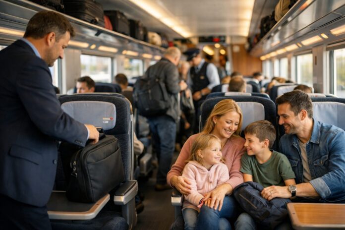 Reisende mit Sitzplatzreservierung im ICE genießen eine entspannte Zugfahrt mit Familie und Gepäck in einem modernen deutschen Hochgeschwindigkeitszug