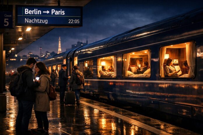 Moderner Nachtzug von Berlin nach Paris mit beleuchteten Schlafwagenkabinen, Reisenden am Bahnsteig und gemütlicher Atmosphäre im Zuginneren bei Nacht – Alternative zum Nightjet 2026