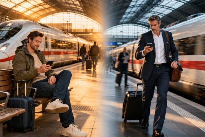 Vergleich Sparpreis und Flexpreis bei der Deutschen Bahn – Reisende zwischen fester Planung und flexibler Zugwahl am Bahnhof 2026