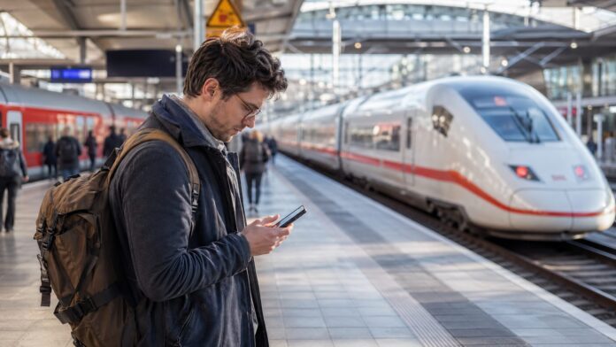 Reisender am Bahnhof vergleicht Deutschlandticket und DB-Sparpreis auf dem Smartphone