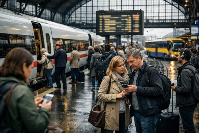 Reisende am Bahnhof bei ICE-Störung zwischen Hamburg und Berlin prüfen alternative Verbindungen und Reiseplanung bei Zugausfall