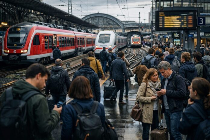 Reisende am Hauptbahnhof Mainz bei Umleitungen und Haltausfällen prüfen Verbindungen und planen ihre Weiterreise im Bahnverkehr