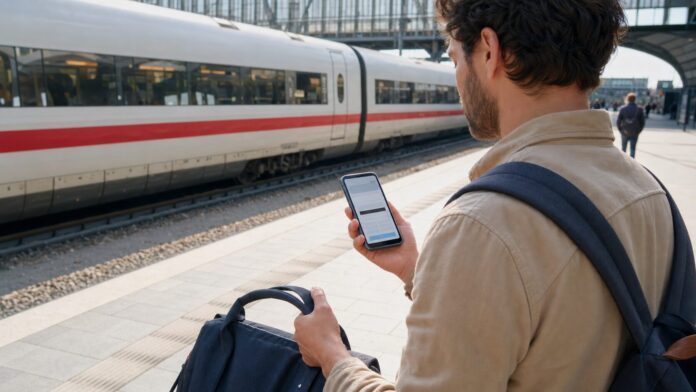 Reisender bucht am Bahnsteig ein Ticket auf dem Smartphone als Symbolbild für Bahn-Tickets am Wochenende