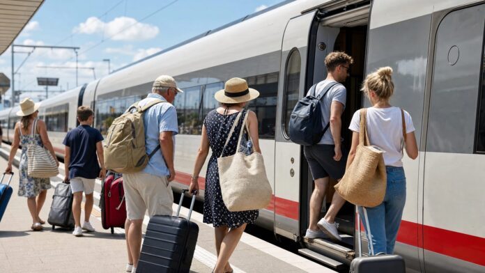 Reisende mit Gepäck am Bahnsteig als Symbolbild für die Bahnfahrt an die Ostsee 2026