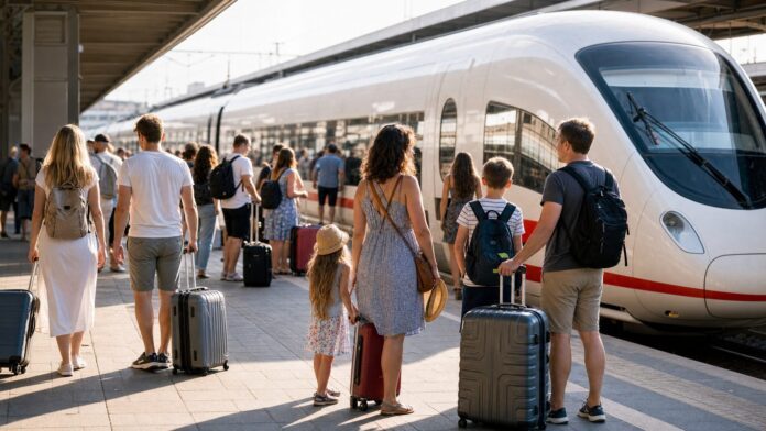 Reisende mit Koffern am Bahnsteig als Symbolbild für Sommerurlaub mit der Bahn 2026