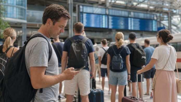 Zug in den Urlaub fällt aus: Was Reisende 2026 sofort tun sollten Reisende mit Gepäck im Bahnhof als Symbolbild für einen ausgefallenen Urlaubszug