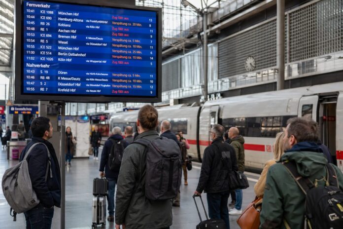 Reisende vor einer Anzeigetafel mit Zugausfall als Symbolbild für Geld-zurück-, Alternativzug- und Hotel-Fragen im Bahnverkehr