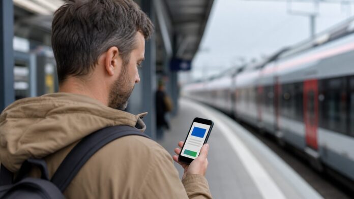 Deutschlandticket 2026 Zustimmung prüfen Person prüft am Bahnhof das Deutschlandticket auf dem Smartphone als Symbolbild zur Zustimmung zur Preiserhöhung 2026