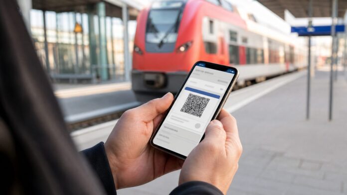 Deutschlandticket auf neues Handy übertragen Smartphone mit digitalem Deutschlandticket am Bahnsteig als Symbolbild für den Gerätewechsel