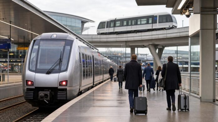 Duesseldorf Flughafen mit der Bahn: Fernbahnhof, SkyTrain, S-Bahn und NRW-Tipps - Symbolbild Zug und Flughafen-Shuttle als Symbolbild fuer die Anreise zum Duesseldorf Flughafen mit der Bahn
