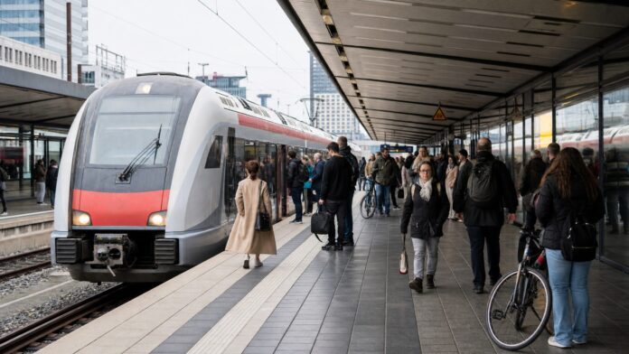 Düsseldorf-Köln mit der Bahn: Fahrzeit, RE, ICE und Ticketwahl Pendler am Bahnsteig als Symbolbild für die Strecke Düsseldorf-Köln mit der Bahn