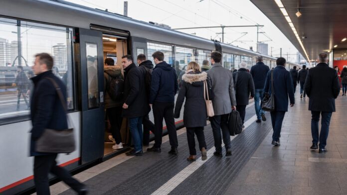 Essen-Düsseldorf mit der Bahn: Pendlerstrecke, Deutschlandticket und ICE-Vergleich Berufspendler steigen in einen Regionalzug als Symbolbild für Essen-Düsseldorf mit der Bahn