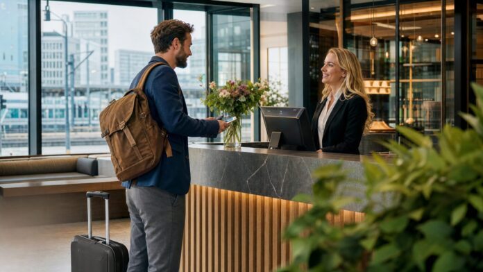 Hotels am Augsburg Hauptbahnhof: Praktisch für Bahnreisende und Citytrip Reisender mit Koffer im Hotel als Symbolbild für Hotels am Augsburg Hauptbahnhof