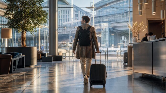 Hotels am Berlin Hauptbahnhof: Gute Lage für Bahnreisende und Städtetrips Reisender mit Koffer in einem modernen Hotel als Symbolbild für Hotels am Berlin Hauptbahnhof