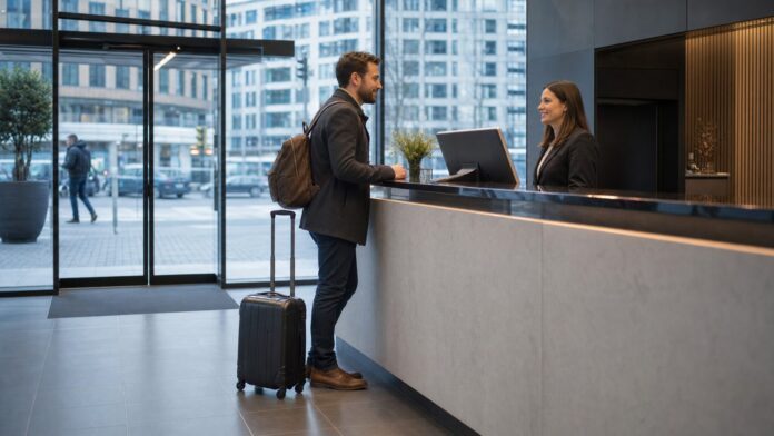 Hotel-Check-in nach einer Bahnreise als Symbolbild für Hotels am Düsseldorf Hauptbahnhof