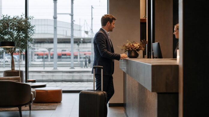 Hotels am Duisburg Hauptbahnhof: Praktisch für Bahn, Ruhrgebiet und Rhein Reisender mit Koffer im Hotel als Symbolbild für Hotels am Duisburg Hauptbahnhof