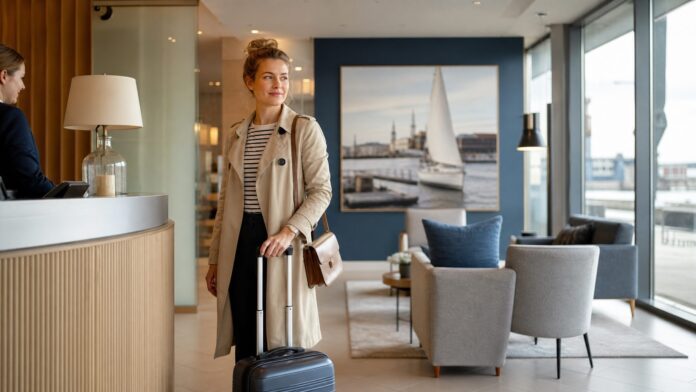 Reisender mit Koffer in einem Hotel als Symbolbild für Hotels am Kiel Hauptbahnhof