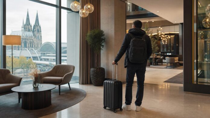 Hotels am Köln Hauptbahnhof: Praktische Lage für Bahnreisende und Citytrip Reisender mit Koffer in einem Hotel als Symbolbild für Hotels am Köln Hauptbahnhof