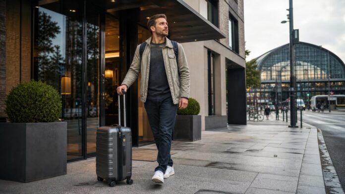 Hotels am Lübeck Hauptbahnhof: Praktisch für Bahnreisende und Altstadt Reisender mit Koffer in einem Hotel als Symbolbild für Hotels am Lübeck Hauptbahnhof