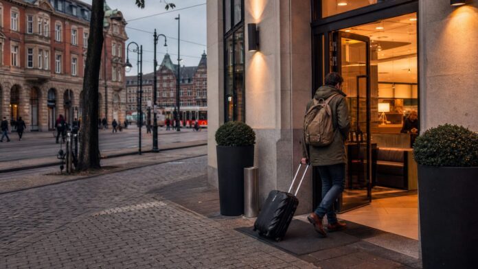 Reisender mit Koffer in einem Stadthotel als Symbolbild für Hotels am Wuppertal Hauptbahnhof