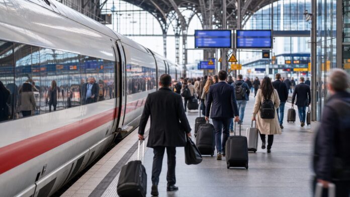 Schneller Zug am Bahnsteig als Symbolbild für Mannheim-Frankfurt mit der Bahn