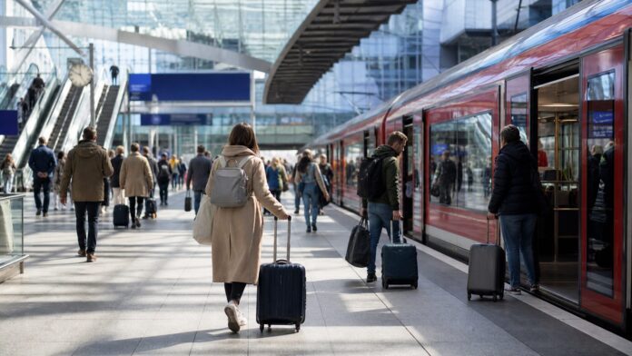 S-Bahn am Flughafenbahnhof als Symbolbild fuer die Anreise zum Muenchen Flughafen mit der Bahn