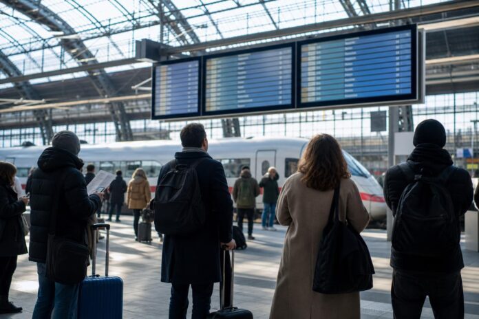 Reisende vor einer Abfahrtstafel am Bahnhof als Symbolbild für aufgehobene Zugbindung