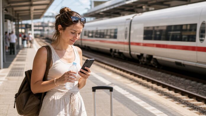 Reisende prüft bei Sommerhitze am Bahnsteig ihr Bahnticket auf dem Smartphone als Symbolbild zur Hitze-Sonderkulanz
