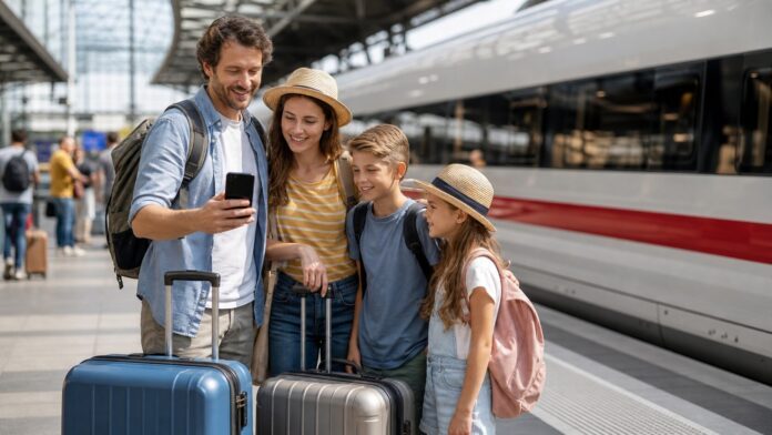 Familie mit Gepaeck am Bahnsteig als Symbolbild fuer das DB Familienticket 2026 im Sommer