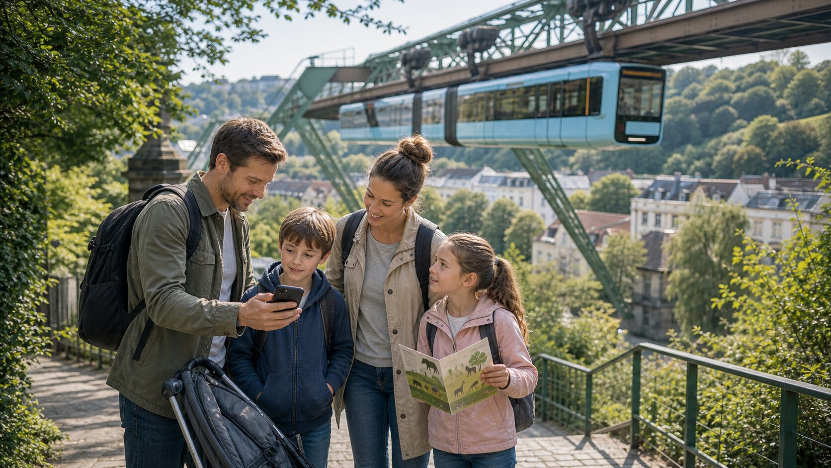 Familie unter der Wuppertaler Schwebebahn auf dem Weg zum Gruenen Zoo als Symbolbild