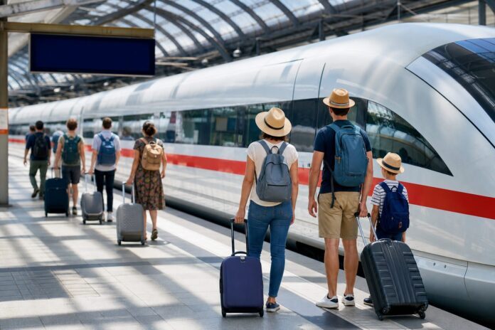 Sommerferien 2026 Bahnreise Familie mit Koffern am Bahnsteig vor einem ICE als Symbolbild fuer Bahnreisen in den Sommerferien 2026
