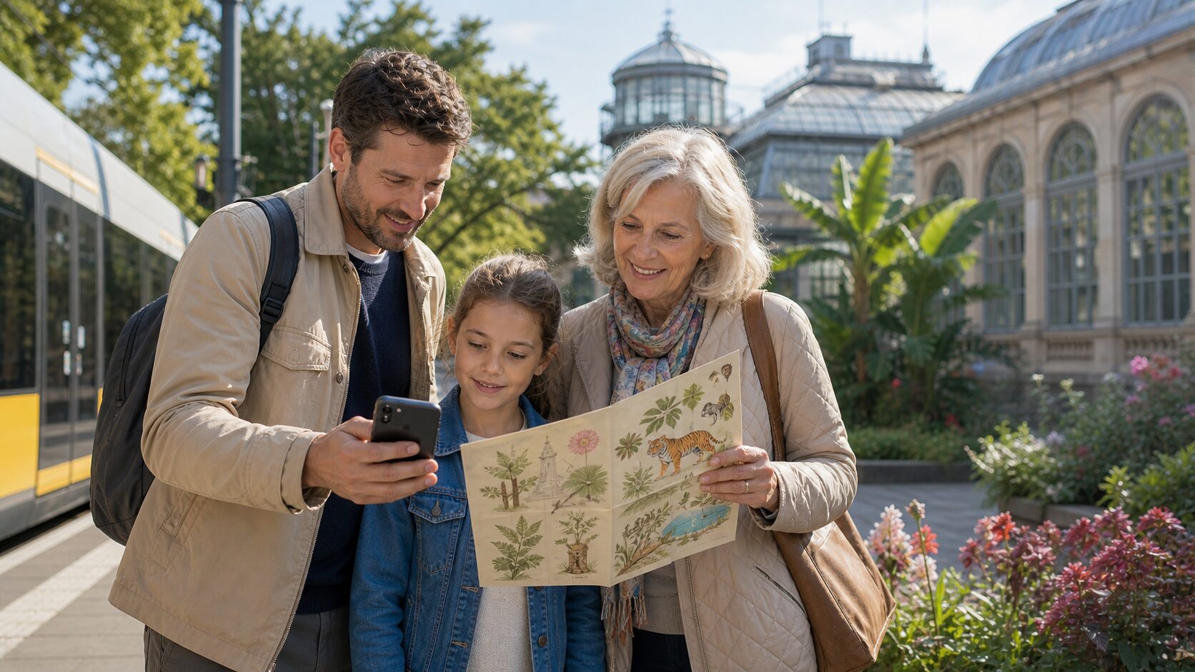 Mehrgenerationen-Familie vor Gewaechshaus und Stadtbahn als Symbolbild fuer die Wilhelma-Anreise