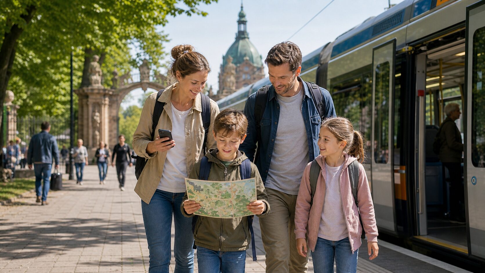 Familie steigt an einer Leipziger Tramhaltestelle nahe einem Zooziel aus als Symbolbild