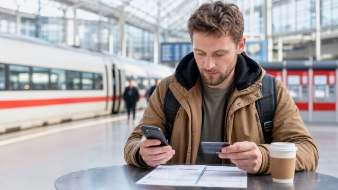 Reisender vergleicht Bahnticket-Angebote auf Smartphone und Ausdruck als Symbolbild fuer Tarifvergleich und Zusatzkosten