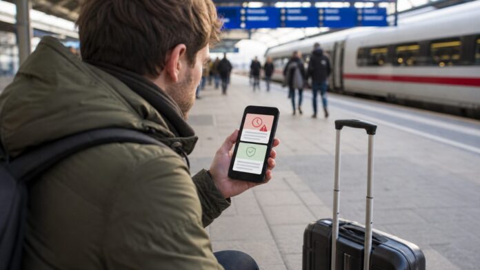 Billigstes Bahnticket und Umstiegsrisiko Reisender am Bahnsteig vergleicht Ticketoptionen als Symbolbild für riskante Umstiege