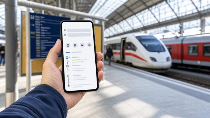 Smartphone mit Reiseplanung am Bahnhof als Symbolbild für ein Bahnticket mit Nahverkehr