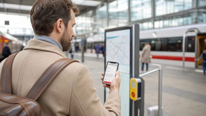 City-Ticket auf dem Bahnticket Reisender prueft City-Ticket am Smartphone vor der Weiterfahrt mit dem Nahverkehr