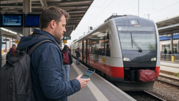 Deutschlandticket im Zug prüfen Reisender prüft das Deutschlandticket am Bahnsteig vor einem Regionalzug