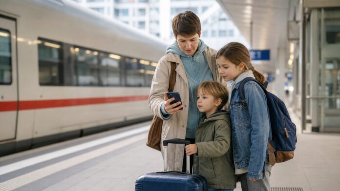 Kinder kostenlos mit der Bahn fahren Familie mit Kindern am Bahnsteig vor einem Fernzug als Symbolbild fuer kostenloses Bahnfahren mit Kindern