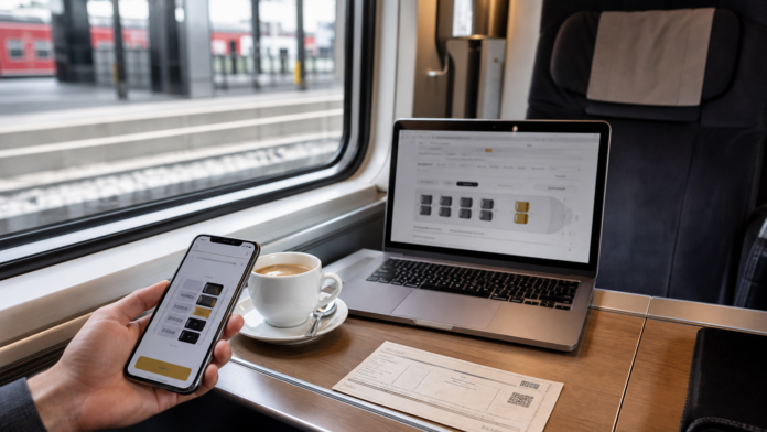 1.-Klasse-Upgrade zur Bahnfahrt Laptop und Smartphone im Zug als Symbolbild für ein 1.-Klasse-Upgrade bei der Bahnfahrt