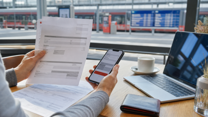 Bahnticket Rechnung und Zahlungsnachweis Symbolbild Haende sortieren Bahnticket Rechnung und Zahlungsnachweis neben Smartphone am Bahnhof