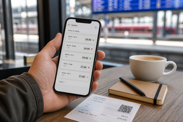 Smartphone mit Bahnticket-Preisen im Bahnhof als Symbolbild fuer wechselnde Preise im DB Navigator