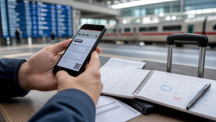 Falsches Reisedatum beim Bahnticket Haende pruefen ein digitales Bahnticket neben Kalender mit falschem Reisedatum am Bahnhof
