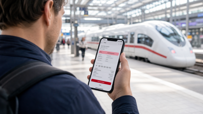Reisende Person prüft den falsch geschriebenen Namen auf einem digitalen Bahnticket am Bahnsteig